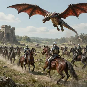 A medieval battlefield with knights on horseback and a dragon flying overhead. - Alibaba Z-Image Turbo