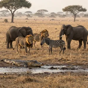 A misty dawn at an African savanna watering hole where elephants, lions, and zebras coexist in tense harmony, with a crocodile partially submerged in the foreground and flamingos taking flight in the background, golden hour lighting. - Alibaba Z-Image Turbo