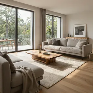 A photorealistic interior of a modern Scandinavian-style living room with natural light streaming through floor-to-ceiling windows. Show detailed wood textures, fabric materials, and proper light reflections. - Alibaba Z-Image Turbo