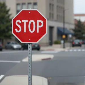 A red stop sign on a street corner displaying the word 