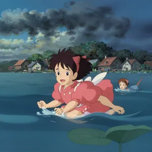 A sea creature rising from a stormy ocean near a village. Replicate the visual style of 'Ponyo' by Studio Ghibli, with Miyazaki's fluid water animations and vibrant creatures. - Alibaba Z-Image Turbo