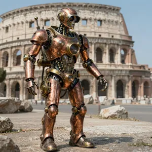 A steampunk robot time-traveling in ancient Rome, depicted in a detailed cinematic style that blends historical accuracy with copper and brass retrofuturistic aesthetics. - Alibaba Z-Image Turbo
