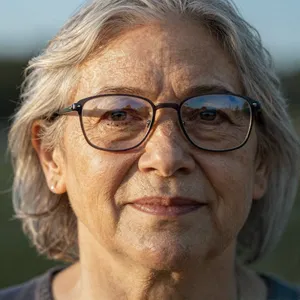 A ultra high-resolution portrait of an elderly woman with silver hair and bifocal glasses, each lens reflecting a distant landscape, captured in warm late-afternoon sunlight - Alibaba Z-Image Turbo