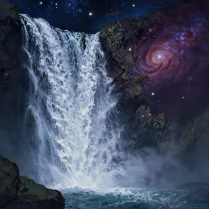 A waterfall that pours out stars and galaxies instead of water, illustrated in a cosmic fantasy style with vibrant space colors and dramatic lighting effects. - Alibaba Z-Image Turbo