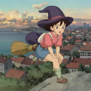 A young witch flying on a broomstick above a coastal town at sunset. Exact art style of 'Kiki's Delivery Service' by Studio Ghibli, with Miyazaki's character design and warm colors. - Alibaba Z-Image Turbo