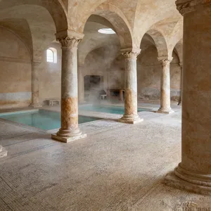 An ancient Roman bathhouse interior with accurate architectural details - marble columns, mosaic floors, arched ceilings, and steam rising from pools. Natural light from oculus openings. - Alibaba Z-Image Turbo