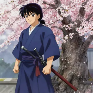 An anime-style portrait of a samurai standing under pink cherry blossoms. - Alibaba Z-Image Turbo