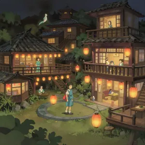 An enchanted bathhouse with glowing lanterns and spirits. Recreate the visual style of 'Spirited Away' by Studio Ghibli, with Miyazaki's ornate architecture and magical atmosphere. - Alibaba Z-Image Turbo
