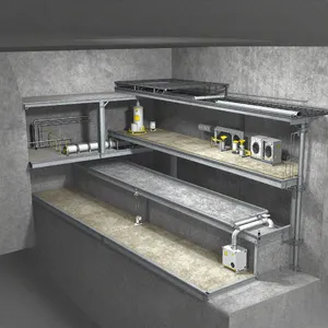 Cross-section rendering of a multi-level underground bunker with different functional areas, structural support systems, ventilation, and power generation facilities visible. - Alibaba Z-Image Turbo
