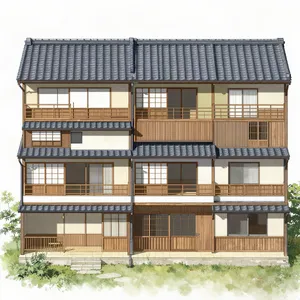 Cutaway architectural drawing of a traditional Japanese machiya townhouse showing all rooms and structural elements. Include accurate proportions, traditional joinery, and typical spatial organization. - Alibaba Z-Image Turbo