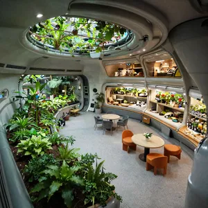 Interior of a futuristic space habitat with hydroponics gardens, communal areas, and living quarters. Show curved walls, artificial gravity considerations, and multipurpose furniture designs. - Alibaba Z-Image Turbo