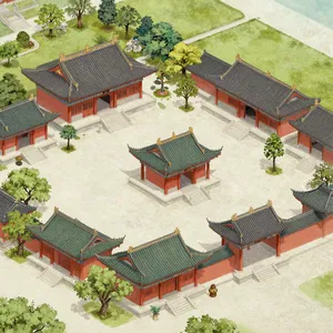 Isometric architectural illustration of an ancient Chinese temple complex showing multiple pavilions, gardens, and ceremonial spaces. Include proper roof structures and traditional ornamentation. - Alibaba Z-Image Turbo