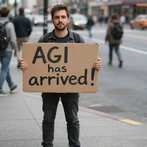 Photorealistic daytime street photograph, clearly showing a man standing still on a busy urban street corner holding a rectangular cardboard sign clearly facing camera, handwritten bold black marker text clearly readable as 