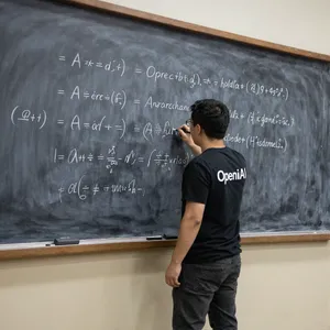 Photorealistic depiction of a man wearing a clearly visible black OpenAI-branded T-shirt. He is standing at the front of a university lecture hall, writing complex mathematics and AI-related equations across a large, dusty chalkboard filled with notation - Alibaba Z-Image Turbo