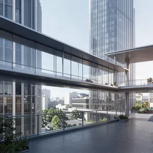 Photorealistic rendering of a contemporary glass skybridge between two skyscrapers, seen from inside with city views visible through glass walls and floor. Show accurate reflections and structural details. - Alibaba Z-Image Turbo