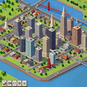Pixel art cityscape of San Francisco in the iconic SimCity 2000 style, isometric view, detailed skyscrapers, residential areas, clearly identifiable Golden Gate Bridge, Coit Tower, Transamerica Pyramid, surrounded by the classic SimCity 2000 UI elements - Alibaba Z-Image Turbo