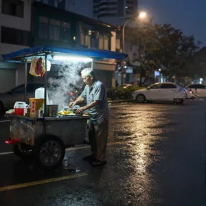 Rain-slicked Singapore street, 3 AM. A lone elderly hawker cleans his cart under one flickering fluorescent light. Steam rises gently. Low-angle shot, photorealistic - Alibaba Z-Image Turbo