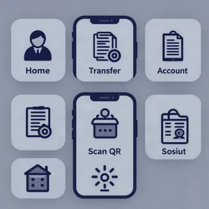 Set of 5 consistent flat design icons for a mobile banking app: 'Home', 'Transfer', 'Account', 'Scan QR', 'Settings'. Monochrome dark blue. - Alibaba Z-Image Turbo