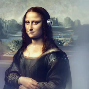 The Mona Lisa reimagined as a futuristic android, rendered in a digital art style that preserves Da Vinci's composition while incorporating sleek cyberpunk aesthetics and technological elements. - Alibaba Z-Image Turbo