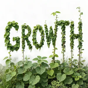 The word 'GROWTH' visualized using stylized plant vines organically forming the letters, green tones, white background, graphic design. - Alibaba Z-Image Turbo