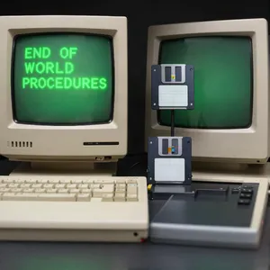 Vintage Apple II computer with green monochrome CRT screen, displaying 'END OF WORLD PROCEDURES' in green text. Two external floppy drives stacked on the right, labeled disk II with rainbow Apple logos. Beige casing, black background, retro aesthetic. - Alibaba Z-Image Turbo