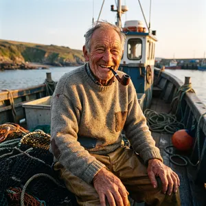 A 4K photo of an old fisherman with a weathered face and a pipe, grinning. - Google Nano Banana Pro