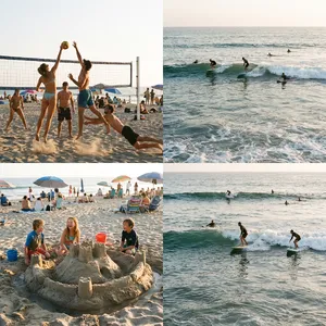 A beach scene: adults playing volleyball, kids building sandcastles, and surfers riding waves. - Google Nano Banana Pro