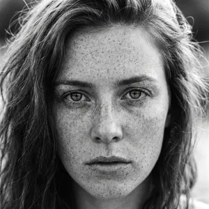 A black and white close-up portrait of a freckled woman with an intense gaze. - Google Nano Banana Pro