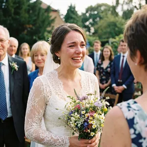 A bride on her wedding day, smiling with tears of joy in her eyes. - Google Nano Banana Pro