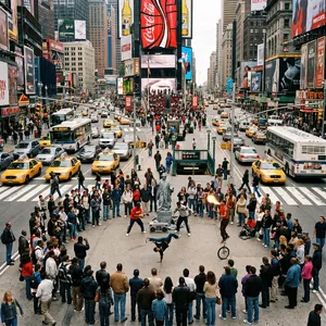 A busy city intersection with cars, pedestrians, and street performers all in one frame. - Google Nano Banana Pro