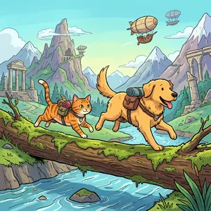 A cartoon of a cat and a dog on an adventure, drawn in a colorful 2D style. - Google Nano Banana Pro