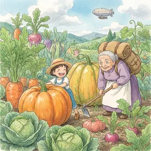 A child and elder tending oversized vegetables in a garden. Reproduce the artistic style of Studio Ghibli, with their distinctive character proportions and detailed plant illustrations. - Google Nano Banana Pro