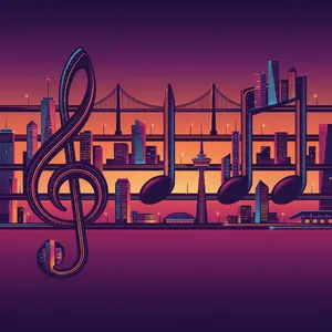 A city skyline that forms the shape of musical notes on a staff, created in a stylized graphic design aesthetic with clean architectural lines and dramatic twilight colors. - Google Nano Banana Pro