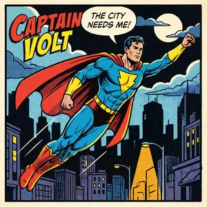 A comic-book style superhero flying over a city at night, with halftone shading. - Google Nano Banana Pro