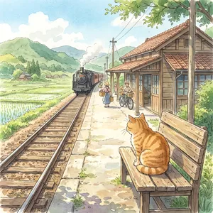 A countryside train station with a cat waiting on a bench. Rendered in Studio Ghibli animation style with Miyazaki's watercolor backgrounds and hand-drawn quality. - Google Nano Banana Pro