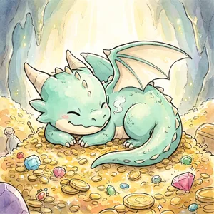 A cute chibi-style dragon sleeping on a pile of gold. - Google Nano Banana Pro