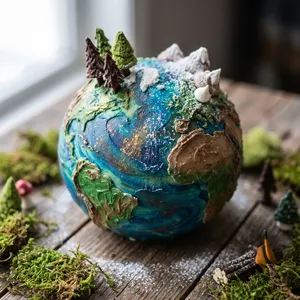 A dessert cake that looks like a tiny planet, complete with miniature trees and mountains, photographed in a professional food photography style with tilt-shift focus effect. - Google Nano Banana Pro