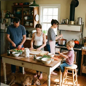 A family cooking together in a kitchen, each person busy with a different task. - Google Nano Banana Pro