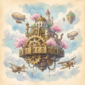 A floating steampunk castle in the sky with intricate mechanical gears and cherry blossom trees, illustrated in Hayao Miyazaki's Castle in the Sky (1986) art style with watercolor textures and detailed line work. - Google Nano Banana Pro