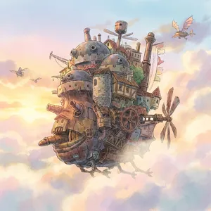 A flying castle floating in clouds at sunrise. Match the visual aesthetic of 'Howl's Moving Castle' by Studio Ghibli, with Miyazaki's blend of steampunk elements and fantasy. - Google Nano Banana Pro