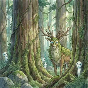 A forest spirit standing among tall trees. Replicate the artistic style of 'Princess Mononoke' by Studio Ghibli, with Miyazaki's detailed environments and mystical creature design. - Google Nano Banana Pro