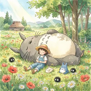 A girl and a giant fluffy creature napping in a wildflower meadow. Reproduce the art style of 'My Neighbor Totoro' by Studio Ghibli, with Miyazaki's soft character designs. - Google Nano Banana Pro