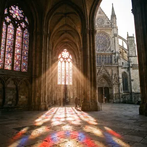 A Gothic cathedral interior at sunset with light streaming through detailed stained glass windows, creating colored patterns on stone floors and columns. Show accurate ribbed vaulting. - Google Nano Banana Pro