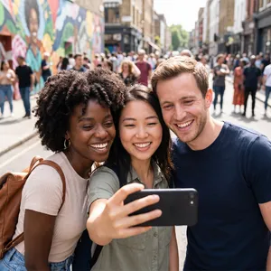 A group selfie of three friends of different ethnic backgrounds smiling at the camera. - Google Nano Banana Pro