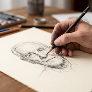 A hand drawing a sketch on paper with a pencil, the hand and pencil tip in clear focus. - Google Nano Banana Pro