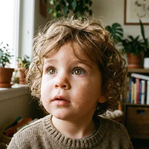 A hyper-realistic photo of a toddler with curly hair and big eyes, looking upward. - Google Nano Banana Pro