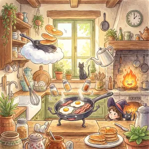 A kitchen with magical cooking implements preparing breakfast. Duplicate the artistic style of Studio Ghibli's domestic scenes, with Miyazaki's detailed settings and warm lighting. - Google Nano Banana Pro