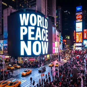 A large storefront billboard at Times Square displaying the slogan “WORLD PEACE NOW” in bold, clear letters, amidst a vibrant cityscape at night. - Google Nano Banana Pro