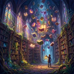 A library where the books are glowing and floating in mid-air, illustrated in a magical realism style with dramatic lighting and rich atmospheric colors. - Google Nano Banana Pro