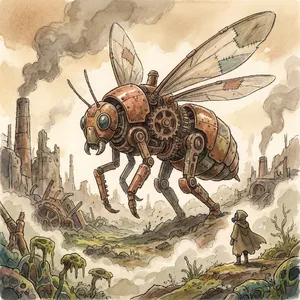 A mechanical creature in a polluted landscape. Capture the visual aesthetic of 'Nausicaä' by Studio Ghibli, with Miyazaki's mechanical designs and environmental contrast. - Google Nano Banana Pro